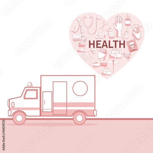 white background with red color sections of silhouette ambulance car and heart shape with elements health