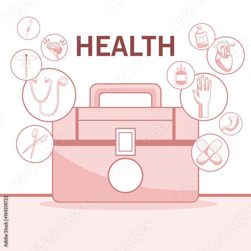 white background with red color sections of silhouette closeup first kit aid with floating icons health