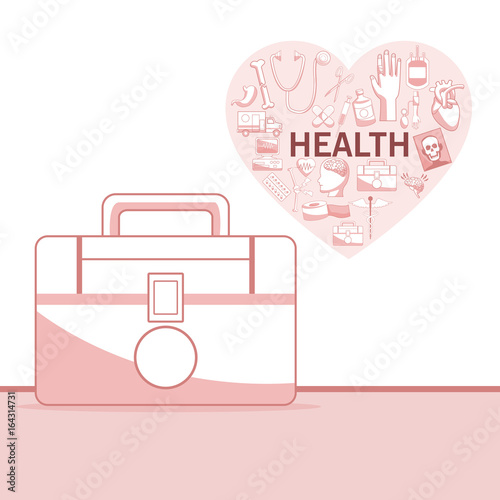 white background with red color sections of silhouette closeup first kit aid with heart shape with elements health