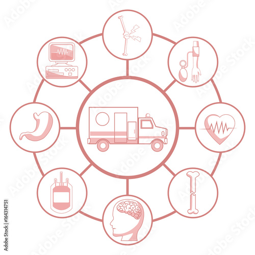 white background with red color sections of silhouette ambulance car connected to circular frames elements health