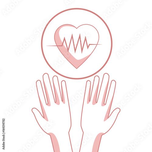 Wallpaper Mural white background with red color sections of silhouette hands holding a floating heartbeat in circular frame Torontodigital.ca