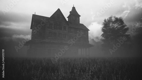 An old abandoned house in rain and lightning with mask. 3D-Rendering.