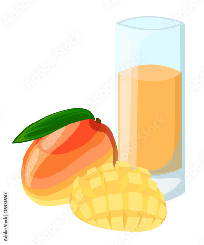 Design Template banner, poster, icons mango smoothies. Illustration of mango juice Drink me. Freshly squeezed tropical mango juice for healthy life. A glass of juice in doodle cute style. Vector.