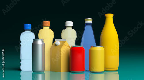 Set of beverages products on green blue surface. 3d illustration