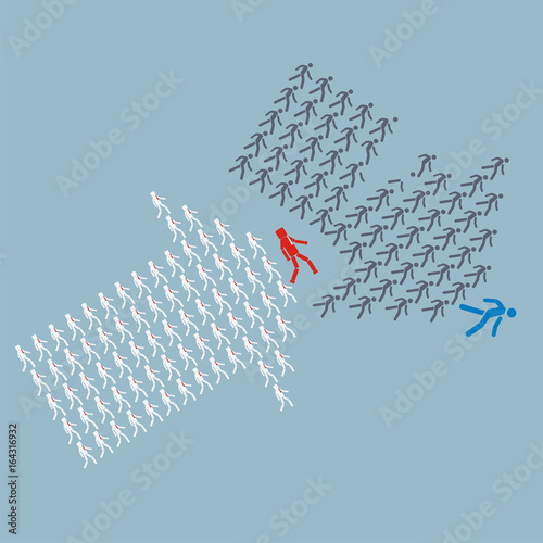 Teamwork concept. The crowd of workers follows the leader of the team overcoming competitors. vector illustration.