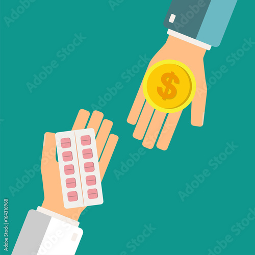Buying pills in blister pack for money coin. Pharmacy store. Flat style. Vector illustration.