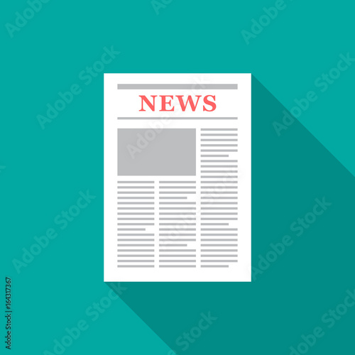Newspaper icon with long shadow. Flat design style. Newspaper simple silhouette. Modern, minimalist icon in stylish colors. Web site page and mobile app design vector element.