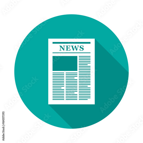 Newspaper circle icon with long shadow. Flat design style. Newspaper simple silhouette. Modern, minimalist, round icon in stylish colors. Web site page and mobile app design vector element.