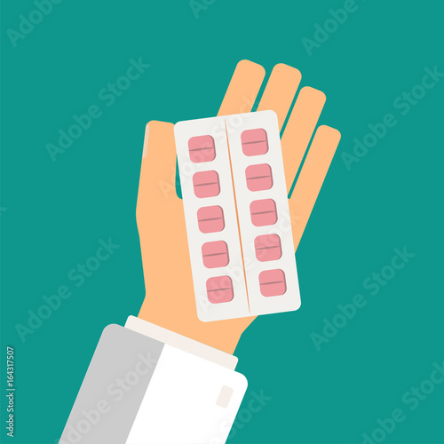 Healthcare concept. Doctor hand holding blister pack of pills. Take pills. Hands pharmacist. Vector illustration.