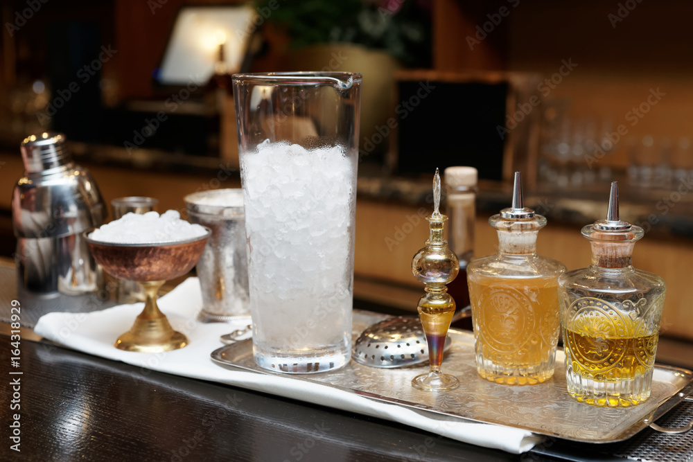 Bitters and infusions on a bar counter