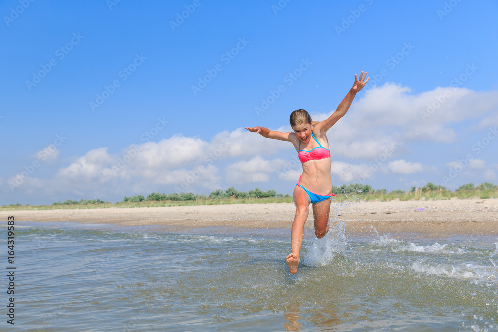 happy girl playing with a dog on the beach happy girl playing with a dog on the beach