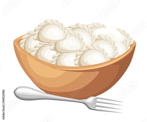 Vareniki. Pelmeni. Meat dumplings. Food. Dill, parsley, black pepper, bay leaf. Cooking. National dishes. Dinner. Products from the dough and meat. Vector vintage illustration. Web site page design