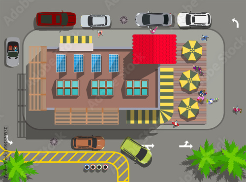 top view fast food restaurant with parking and terrace