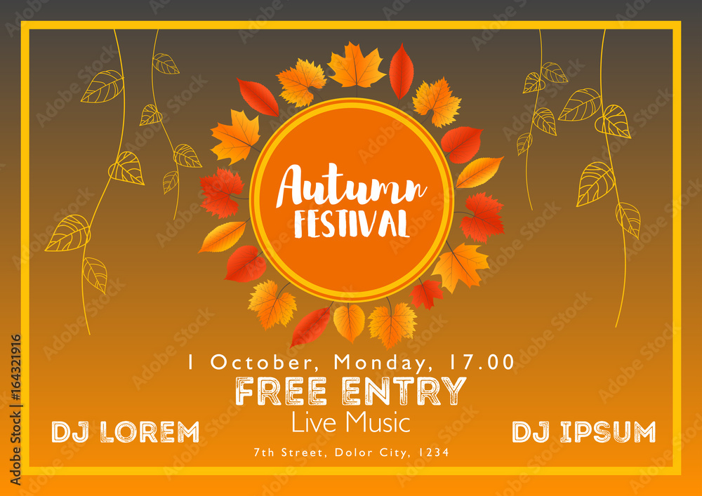Fall Festival template. Bright colourful autumn leaves on horizontal background. Template for holidays, concerts and parties. Autumn theme
