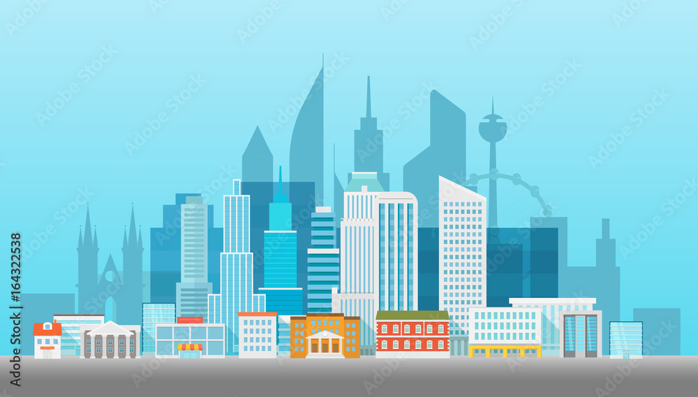 Modern cityscape vector illustartion. Office builngs houses and scyscrapers