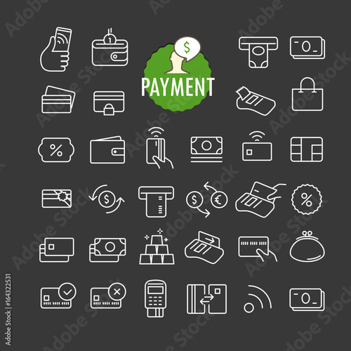 Different payment icons vector collection. Web and mobile app outline icons set on dark background
