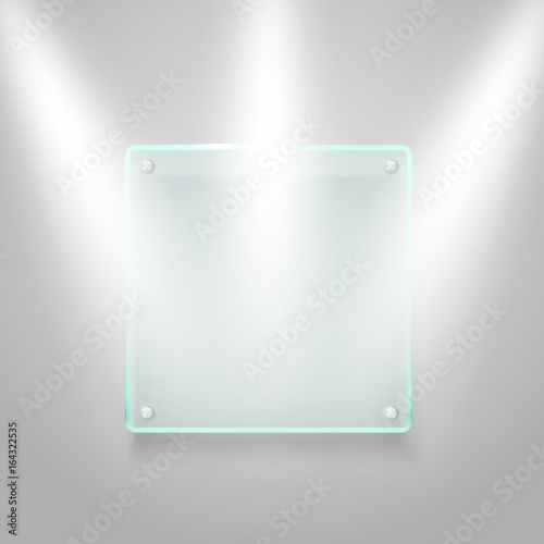 Glass board illuminated on the wall. Vector mockup