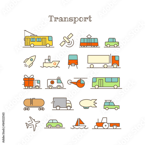 Different thin line color icons vector set. Transport