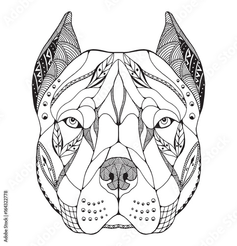 Pit bull terrier head zentangle stylized, vector, illustration, freehand pencil, hand drawn, pattern. Zen art. Ornate vector. Lace.