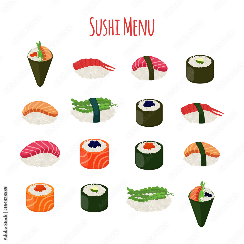 Sushi - asian food with fish, rice, seaweed, caviar. Vector illustration