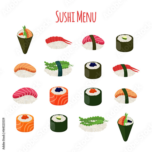 Sushi - asian food with fish, rice, seaweed, caviar. Vector illustration photo