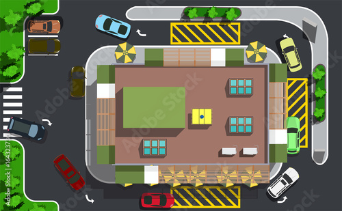 Top view restaurant in the city with car parking