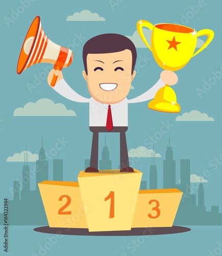 The winner, Cartoon human holding winner s trophy award and megaphone. social media marketing concept. vector illustration in flat design on city background