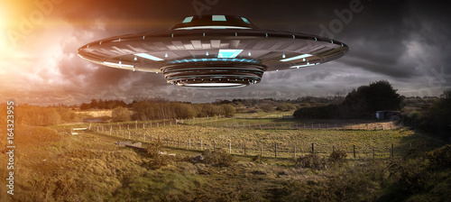 Fotografia, Obraz UFO invasion on planet earth landascape 3D rendering
