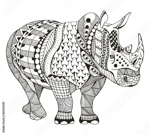 Rhino zentangle stylized, vector illustration, freehand pencil, doodle, black and white, pattern, hand drawn. Coloring book for adults. Anti stress.