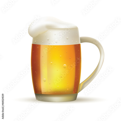 Glass of beer with foam on white isolated background. Vector.