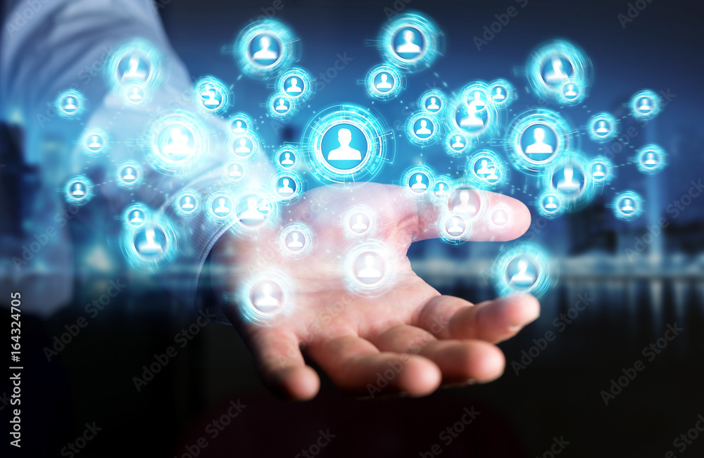 Businessman using social network interface 3D rendering Businessman using social network interface 3D rendering