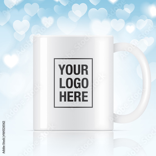White vector coffee mug template isolated on a background. Vector mug mockup on a bokeh background.