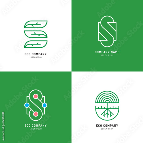 Vector Set abstract green tree logo design templates outline - emblems for holistic medicine , yoga classes, natural and organic food products Ayurvedic clinic and packaging - S Logo.