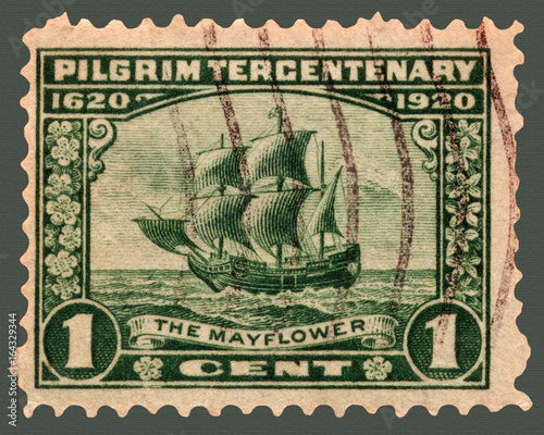 Obraz na plátně Pilgrim Tricentenary Postage Stamp with Mayflower