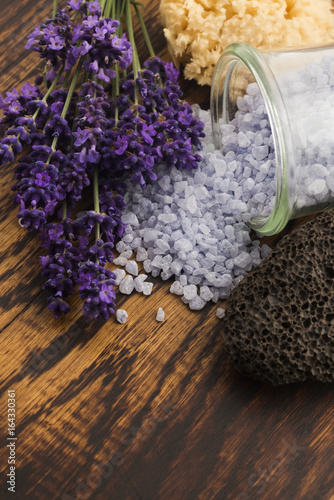lavender bath salt and some fresh lavender