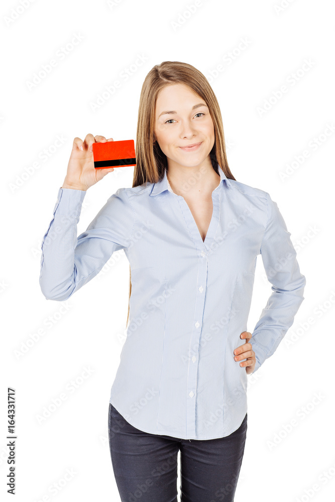 young smiling business woman holding credit card. isolated on white background. technology, shopping, banking and lifestyle concept young smiling business woman holding credit card. isolated on white background. technology, shopping, banking and lifestyle concept