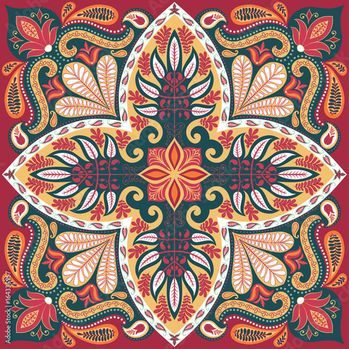 India paisley pattern, decorative textile, wrapping, pillow or kerchief decor. Boho style vector design.