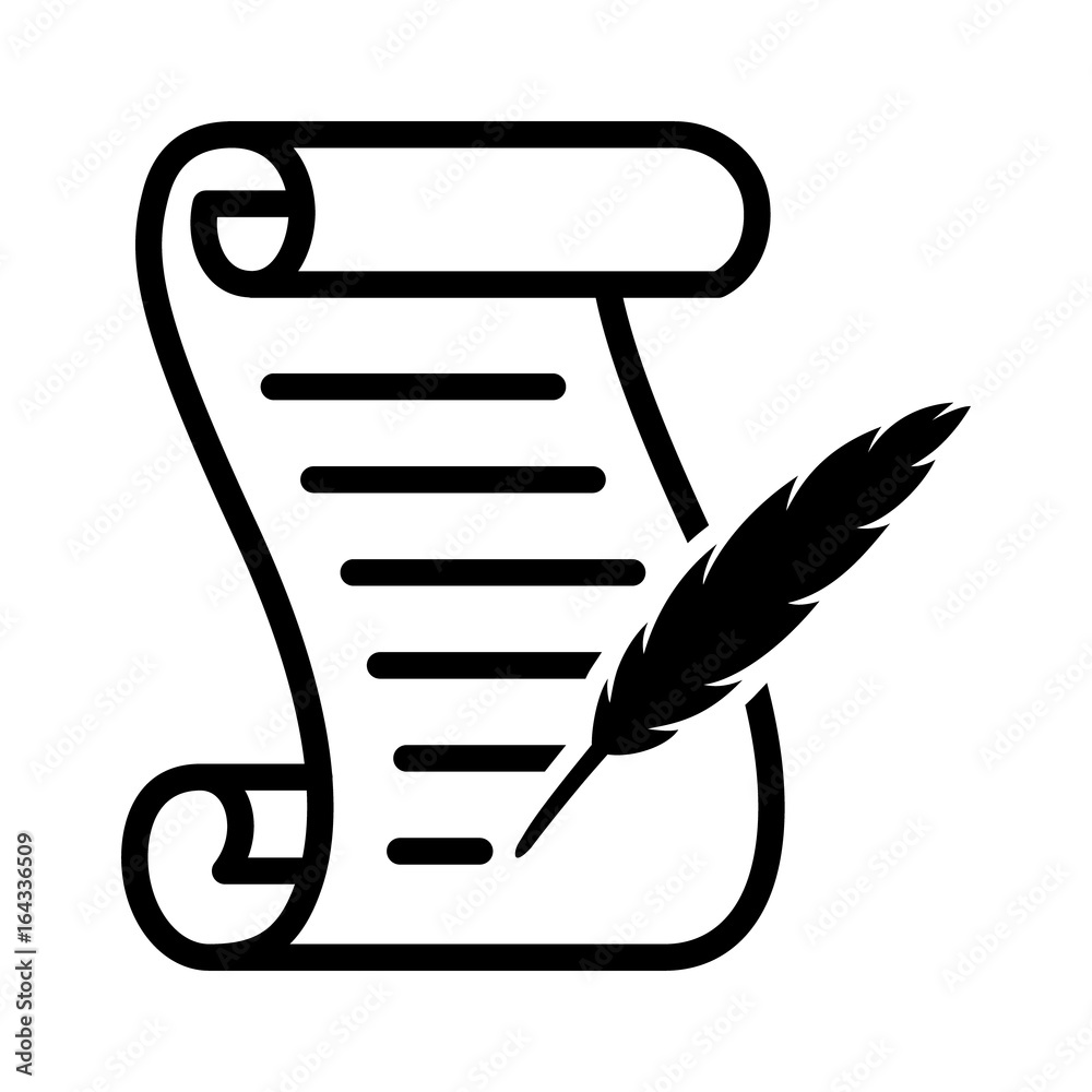 Writing on a scroll with a feather quill pen line art vector icon for games and websites - obrazy, fototapety, plakaty 
