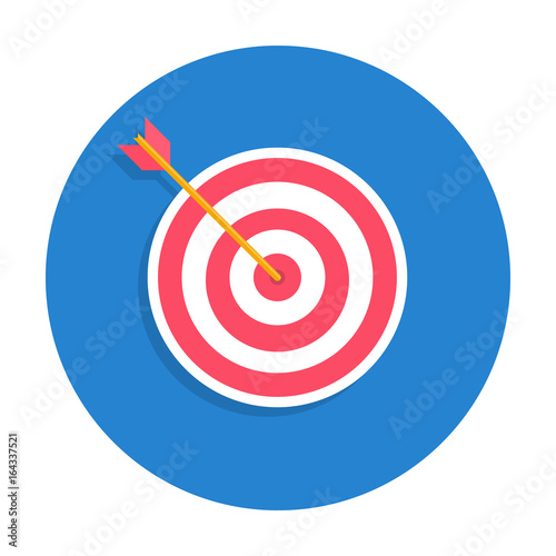 Business success concept icon. Archery target with arrow hitted the mark, market competition or project winner. Vector flat style cartoon illustration in rounded shape.