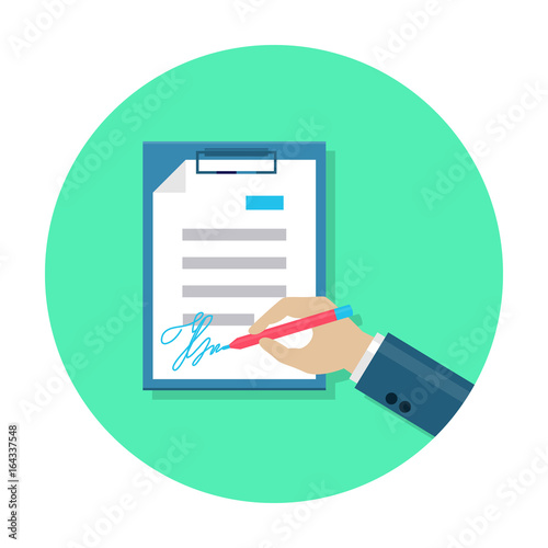 Flat document signing icon in rounded shape. Signature on paper. Web and mobile design element. Office, business symbol. Vector colored illustration.