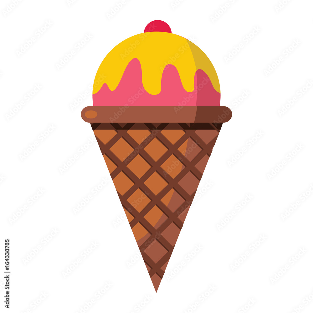 Ice cream of vanilla cream ingredients in wafer cone on white background cartoon flat vector illustration element for delicious food design Ice cream of vanilla cream ingredients in wafer cone on white background cartoon flat vector illustration element for delicious food design