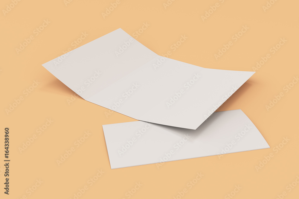 Blank white open three fold brochure mockup on orange background Blank white open three fold brochure mockup on orange background