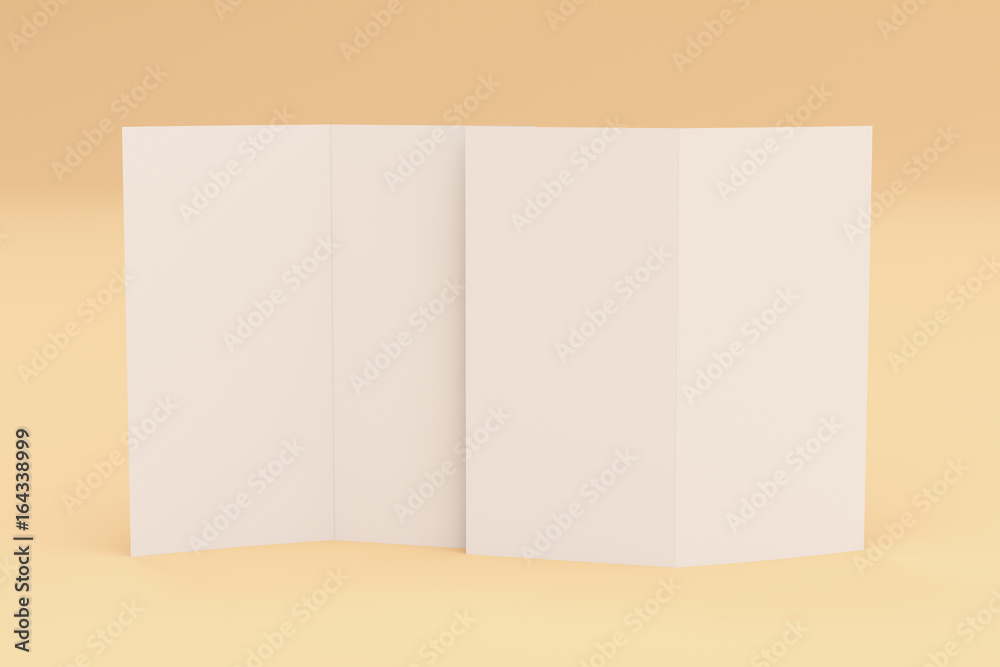 Blank white two fold brochure mockup on orange background Blank white two fold brochure mockup on orange background