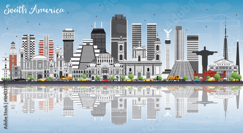South America Skyline with Famous Landmarks and Reflections.
