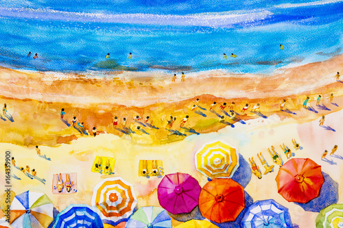 Painting watercolor seascape colorful of lovers, family vacation.