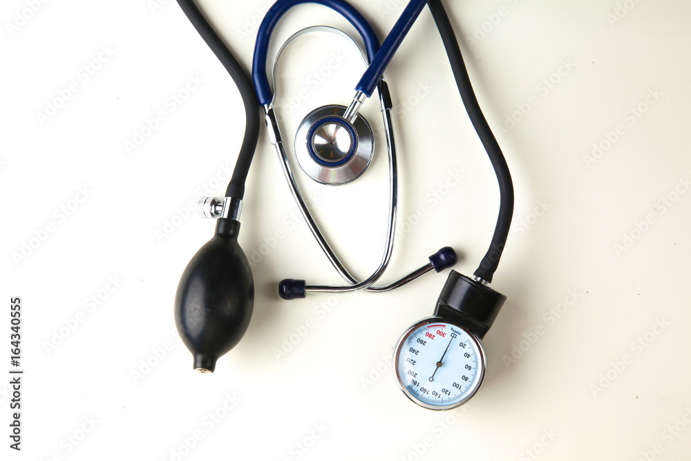 Blood pressure meter and stethoscope, isolated on white