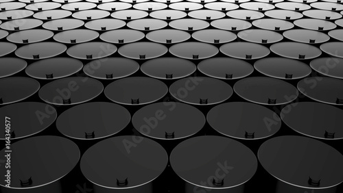 Oil barrel. Barrel of shale oil. Warehousing of barrels. 3d rendering