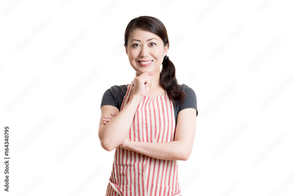 女性 エプロンをしている主婦 白背景 女性 エプロンをしている主婦 白背景