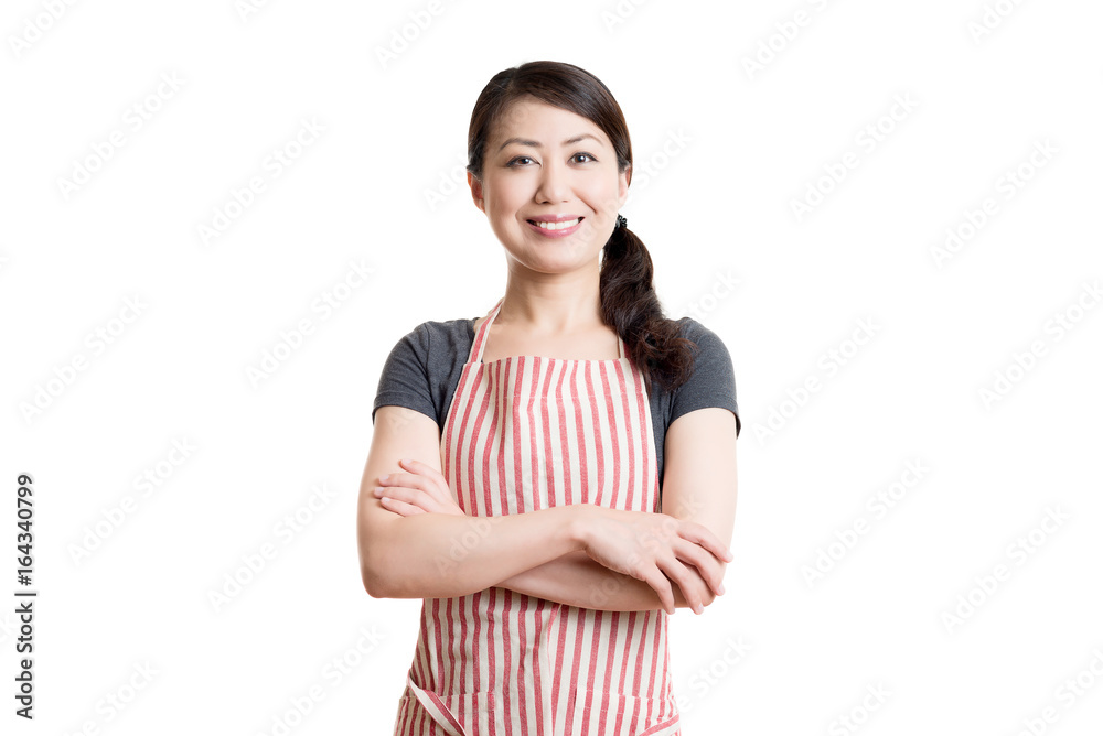 女性 エプロンをしている主婦 白背景 女性 エプロンをしている主婦 白背景