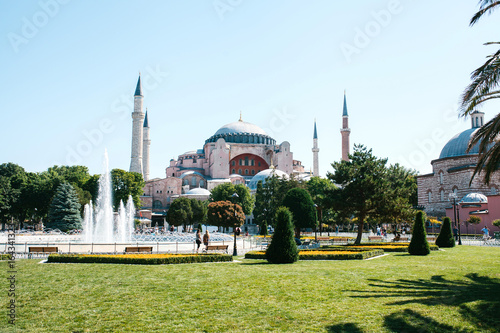 Ayasofya museum and fountain view from the Sultan Ahmet Park in Istanbul, Turkey